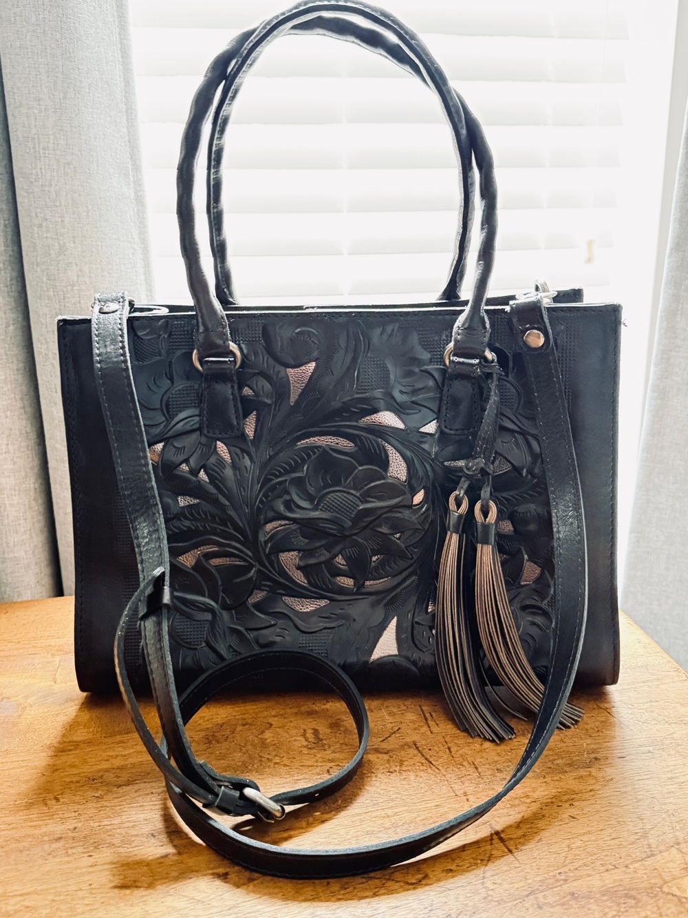 Patricia Nash Cutout Tooled Leather Tote Bag/Black Rose Metallic/Crossbody